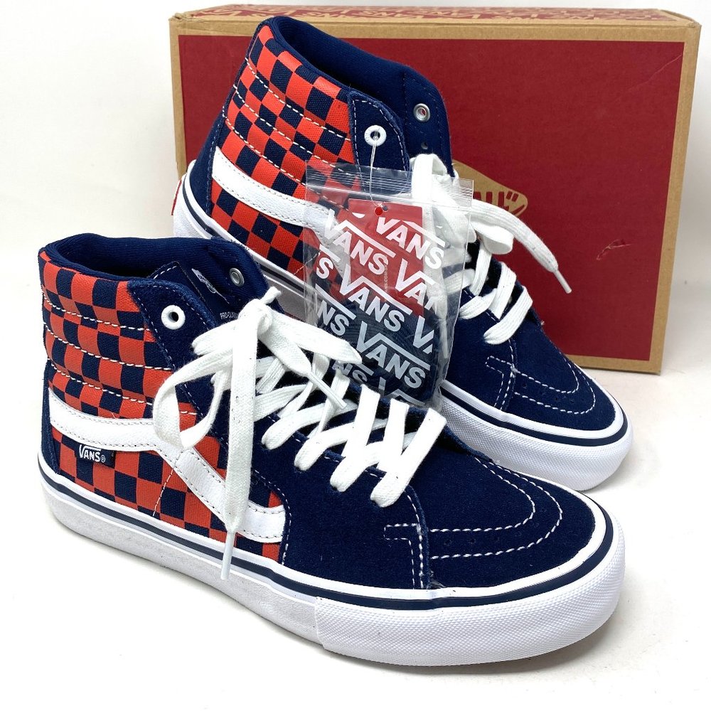 VANS Sk8-Hi Pro Checkerboard Navy Red Suede Canvas Shoes Womens Size VN000VHGW7E - Picture 2 of 10